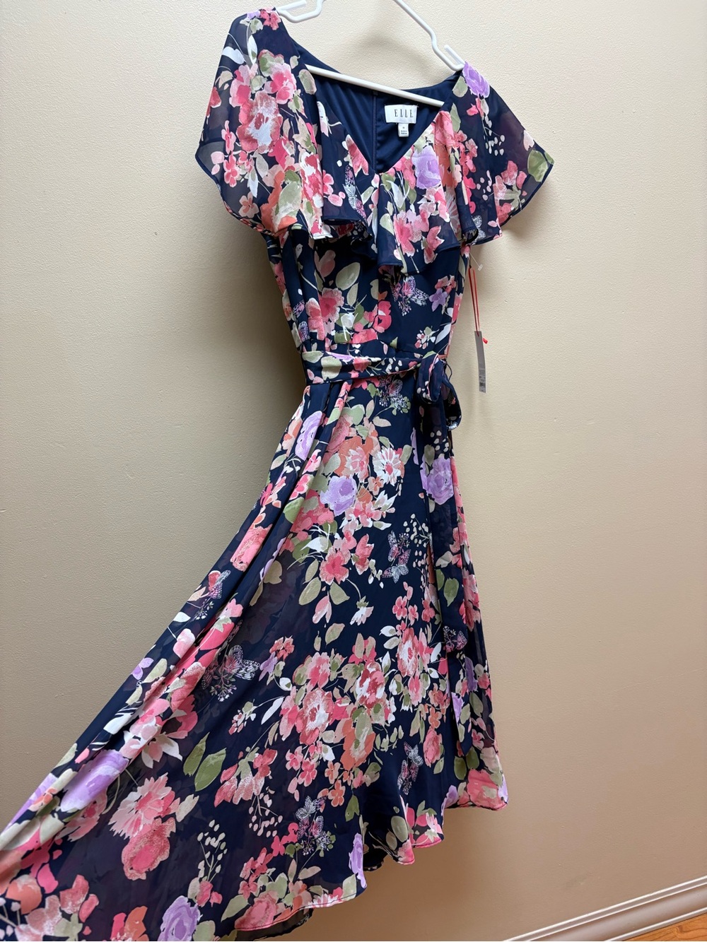 NWT ELLE Navy Floral Maxi Wrap Dress with Pink & Lavender Blooms